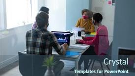  Presentation with hygiene - Slide deck featuring diverse-group-of-work-colleagues background and a ocean colored foreground