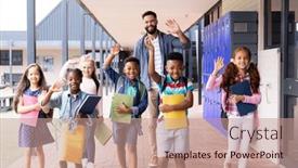  Presentation with diverse elementary students - Theme enhanced with diverse-happy-male-teacher background and a coral colored foreground