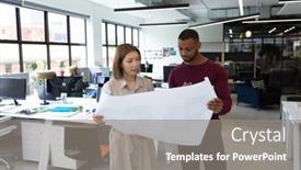  Presentation with busy work - Colorful slide set enhanced with diverse-male-and-female-colleague backdrop and a gray colored foreground