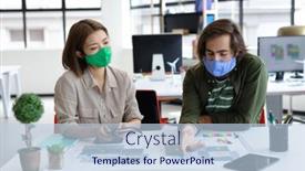 Presentation with face masks - Slides having diverse-male-and-female-colleague background and a light blue colored foreground