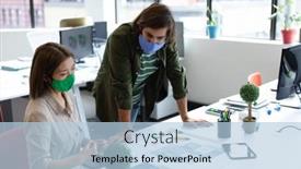  Presentation with face masks - Beautiful slide deck featuring diverse-male-and-female-colleague backdrop and a light blue colored foreground