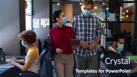  Presentation with face masks - Cool new slide deck with diverse-male-and-female-colleagues backdrop and a wine colored foreground