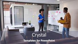  Presentation with female - Audience pleasing slide deck consisting of diverse-male-and-female-colleagues backdrop and a gray colored foreground