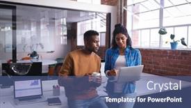  Presentation with work design - Audience pleasing theme consisting of diverse-male-and-female-colleagues backdrop and a ocean colored foreground