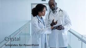  Presentation with digital hospital - Amazing PPT theme having diverse-male-and-female-doctor backdrop and a light blue colored foreground