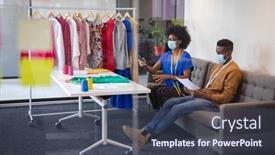  Presentation with work design - Colorful presentation theme enhanced with diverse-male-and-female-fashion backdrop and a ocean colored foreground