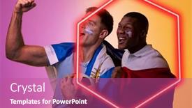  Presentation with soccer fans - Presentation design having diverse-male-fans-cheering background and a coral colored foreground