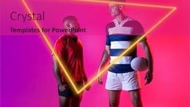  Presentation with triangle - PPT theme with diverse-male-opponents-looking background and a purple colored foreground