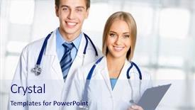  Presentation with colleague farewell - Beautiful presentation theme featuring diverse medical staff - female doctor with her colleague backdrop and a  colored foreground