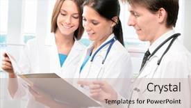  Presentation with consult - Amazing PPT theme having diverse medical staff - oung doctors consult backdrop and a  colored foreground