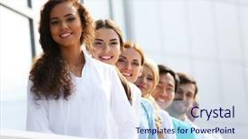  Presentation with five business people standing together and smiling - Audience pleasing PPT theme consisting of diverse medical staff - smiling medics team standing backdrop and a sky blue colored foreground