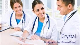  Presentation with diverse medical - Presentation theme with diverse medical staff - young doctors in the workplace background and a  colored foreground