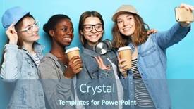  Presentation with company - Audience pleasing PPT theme consisting of diverse-multi-nation-female-group backdrop and a ocean colored foreground