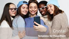  Presentation with multi - Cool new slide deck with diverse-multi-nation-female-group backdrop and a coral colored foreground