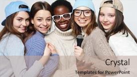  Presentation with diverse group of children - Slide set featuring diverse multi nation girls group background and a coral colored foreground