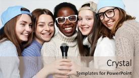  Presentation with diverse group of children - PPT theme with diverse multi nation girls group background and a mint green colored foreground