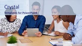  Presentation with diverse counseling - PPT layouts consisting of diverse multiracial colleagues discussing tech background and a sky blue colored foreground