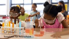  Presentation with school-elementary - PPT layouts featuring diverse-schoolgirls-with-chemistry-items background and a coral colored foreground