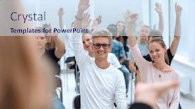  Presentation with conference - PPT layouts with diverse-seminar-listeners-sitting background and a sky blue colored foreground