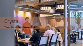  Presentation with team - Presentation design enhanced with diverse-team-of-business-experts background and a coral colored foreground