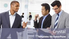  Presentation with team discussion - Colorful slides enhanced with diverse-team-of-interracial-businesspeople backdrop and a gray colored foreground