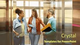 Presentation with coworking - Presentation theme enhanced with diverse-work-colleagues-using-elevator background and a tawny brown colored foreground