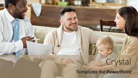  Presentation with diverse family - Theme with diverse-young-family-with-adviser background and a coral colored foreground