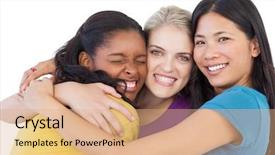  Presentation with diverse women - Beautiful presentation theme featuring diverse young women hugging each other on white background backdrop and a coral colored foreground