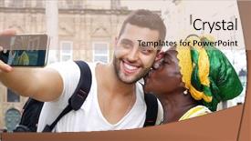  Presentation with colonial - Presentation theme featuring diversidad cultural - tourist taking a selfie background and a coral colored foreground