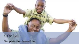  Presentation with rides - Colorful presentation design enhanced with family diversity - african american son rides dad's backdrop and a light blue colored foreground
