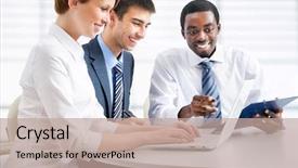  Presentation with diverse business people - PPT theme enhanced with american diversity - business group meeting portrait background and a  colored foreground