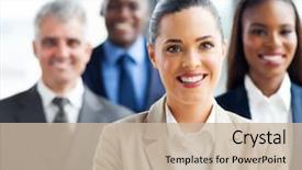  Presentation with big group people - Colorful presentation theme enhanced with diversity - portrait of confident group business backdrop and a soft green colored foreground