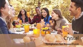  Presentation with eat - Theme featuring native food - group of happy friends eat background and a coral colored foreground