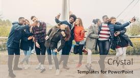  Presentation with diversity - Cool new slide deck with diversity friends with phones having fun and taking pictures backdrop and a mint green colored foreground