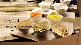  Presentation with restaurant - Colorful PPT theme enhanced with diversity inclusion - bowls with garnish backdrop and a yellow colored foreground