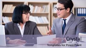  Presentation with diversity inclusion - Beautiful presentation theme featuring diversity inclusion - business couple having discussion backdrop and a light blue colored foreground