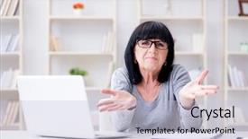  Presentation with computer - Theme featuring diversity inclusion - senior woman struggling at computer background and a light blue colored foreground