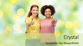  Presentation with diversity women - Cool new slides with diversity international ethnicity friendship and people concept - happy smiling women showing thumbs up and hugging over green holidays lights background backdrop and a soft green colored foreground