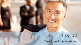  Presentation with people all ages - Colorful slide deck enhanced with diversity lawyer - four business people with middle backdrop and a light blue colored foreground