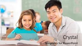  Presentation with elementary school - PPT theme enhanced with diversity learning - caring elementary school teacher helping background and a mint green colored foreground