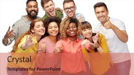  Presentation with diversity women - Audience pleasing theme consisting of diversity race ethnicity and people concept - international group of happy smiling men and women showing thumbs up over white backdrop and a coral colored foreground