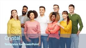  Presentation with diversity women - Colorful theme enhanced with diversity race ethnicity and people concept - international group of happy smiling men and women over white backdrop and a ocean colored foreground