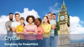  Presentation with race ethnicity - Colorful theme enhanced with diversity race ethnicity and people concept - international group of happy smiling men and women over london city and big ben tower background backdrop and a ocean colored foreground