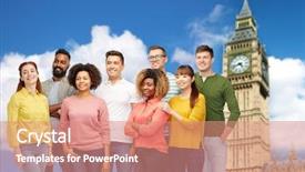  Presentation with race ethnicity - Slide deck enhanced with diversity race ethnicity and people concept - international group of happy smiling men and women over london city and big ben tower background background and a coral colored foreground