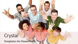  Presentation with women success - Beautiful theme featuring diversity race ethnicity success and people concept - international group of happy smiling men and women celebrating victory over white backdrop and a lemonade colored foreground