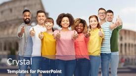  Presentation with diversity women - Cool new presentation with diversity travel tourism and people concept - international group of happy smiling men and women showing thumbs up over coliseum background backdrop and a ocean colored foreground