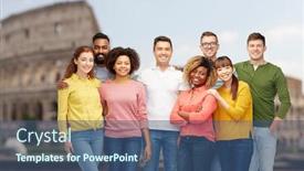  Presentation with diversity women - Slide set enhanced with diversity travel tourism and people concept - international group of happy smiling men and women over coliseum background background and a ocean colored foreground