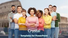  Presentation with diversity women - Slide set enhanced with diversity travel tourism and people concept - international group of happy smiling men and women over coliseum background background and a ocean colored foreground