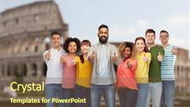  Presentation with diversity women - Presentation theme with diversity travel tourism and people concept - international group of happy smiling men and women showing thumbs up over coliseum background background and a tawny brown colored foreground
