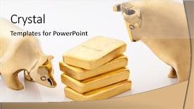  Presentation with gold bars - Beautiful slide deck featuring dividend - bull and bear markets symbols backdrop and a sky blue colored foreground